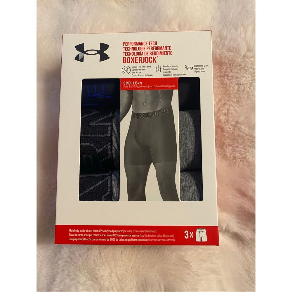 Under Armour Boxerjock Boxer Briefs Size M 3 Pack Underwear 6" Inseam Black Gray
